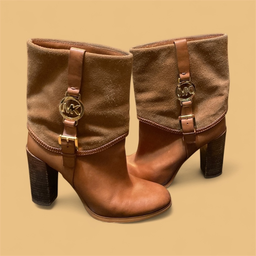 Michael Kors Women's Fulton Bootie Boots Luggage Leather Suede Size 8 EUC